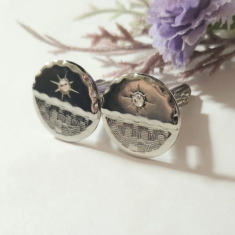 Vintage Silver Tone Crystal Star Burst Style Cuff Links Art Deco Style
